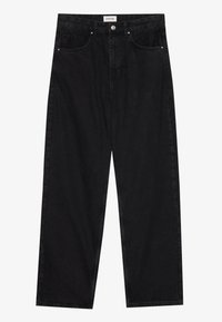 Černé džínové kalhoty s volným střihem, se střihem rovného padnutí, viditelným prošitím, předními kapsami a standardním zapínáním na knoflíky.