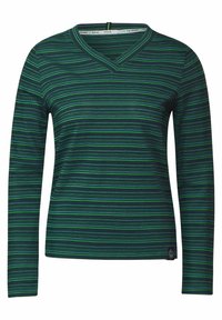 Långärmad topp i mörkgrön med horisontella ränder i marinblått och grönt. Har en V-ringning och mjuk, texturerad tyg. Liten märkes tagg vid fållen.