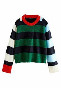 Multicolore gestreepte trui met groene, marineblauwe, witte, lichtblauwe en rode tinten. Brede ribgebreide rode kraag en een zachte textuur. Kort ontwerp.