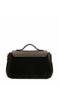 Borsa in pelle e camoscio di colore marrone scuro con finitura testurizzata, manico superiore e chiusura a soffietto. Presenta dettagli in materiali a contrasto.