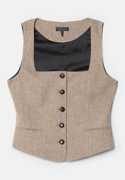 Brown houndstooth vest with a square neckline, black satin lining, and six black buttons down the front. Features two side pockets.