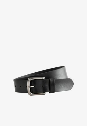 Must nahast vöö sileda tekstuuriga, hõbedase ristkülikukujulise pandlaga ja viie reguleerimisaauguga. Kitsenev ots lisab disainielementi.