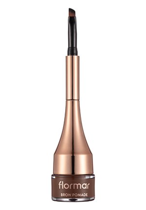 Flormar Augenbrauenpomadebehälter mit angewinkeltem Pinselapplikator, brauner Farbton, roségoldener Deckel und transparentem Boden, der das Produkt hält.