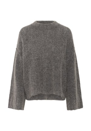Maglione grigio lavorato a maglia con un design corto, maniche ampie e scollo rotondo. Realizzato in un tessuto morbido e strutturato con motivi sottili.