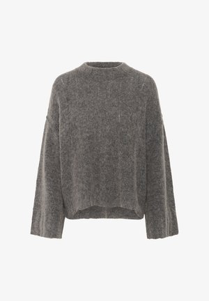 Szürke kötött pulóver, cropped fazonban, széles ujjak és kerek nyak kialakítással. Puha, texturált anyagból készült, finom mintákkal.