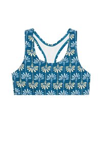 Blå sports-bh med blomsterdesign i hvidt og gult. Har racerback-design og blød tekstur, velegnet til aktivt tøj.