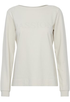 Sudadera de manga larga de un tono beige claro con un escote amplio, que presenta un texto en relieve "PASSION" en el pecho. Tejido de algodón suave.
