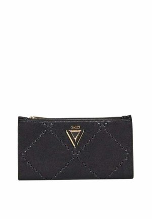 Portafoglio rettangolare nero con motivo a diamante cucito e dettaglio logo triangolare dorato, chiusura con cerniera lungo il bordo superiore.