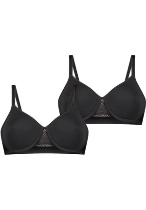 Reggiseni neri con coppe sagomate, spalline regolabili e un dettaglio decorativo in pizzo al centro. Tessuto liscio e opaco.
