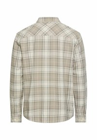 Beige ternet skjorte med lange ærmer og knaplukning ved kraven, med en blød tekstur og kontrasterende blå og brune rutenetmønstre.