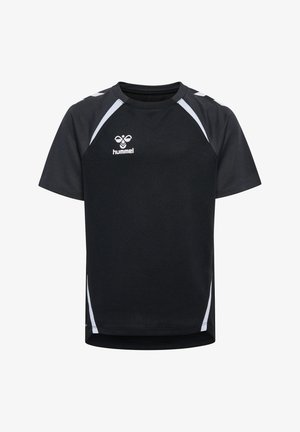 Sort sports t-shirt med korte ærmer, hvid detaljer og en struktureret finish. Har raglanærmer og et lille logo på brystet.