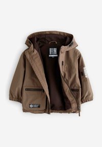 Veste marron à capuche avec fermeture éclair devant, poignets élastiques, deux poches zippées, et texte "OFFLINE" sur le col intérieur et un patch sur la manche.