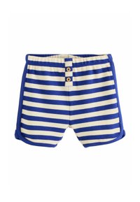 Shorts en maille rayés bleu et blanc avec un passepoil latéral et deux boutons en bois sur la ceinture avant.