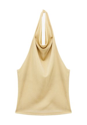 Top beige sin mangas con escote tipo halter drapeado y lazo en la parte posterior del cuello.