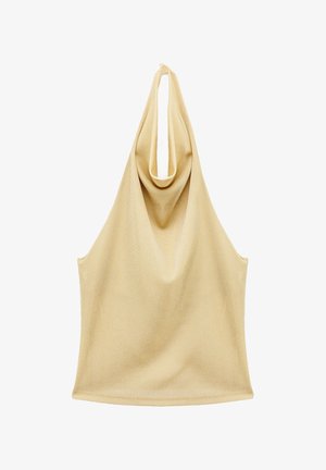 Beige ærmeløs haltertop med draperet kaskadeudskæring og løkke, der bindes bag på nakken.
