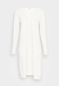 Dlouhý bílý kardigan vyrobený z měkké tkaniny. Má otevřený přední díl, dvě přední kapsy a žebrované manžety a lem. Bez zdobení nebo vzorů.