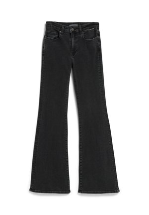 Schwarze Denim-Jeans mit Schlag, fünf Taschen, einer Knopf- und Reißverschlussöffnung und sichtbaren Nähten an den Säumen. Weicher Stoff.
