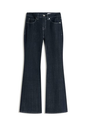 Dark blue denim jeans with a high waist, front pockets, button and zip closure, and flared legs.