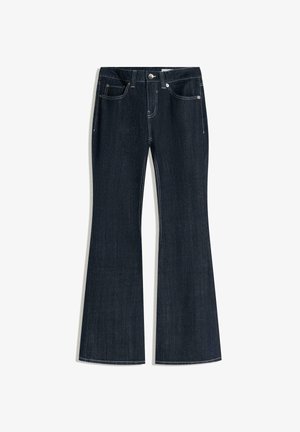 Dark blue denim jeans with a high waist, front pockets, button and zip closure, and flared legs.