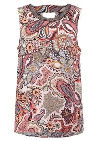 Haut sans manches avec un motif paisley multicolore dans des teintes de rouge, rose et crème, présentant un col texturé et une coupe décontractée.