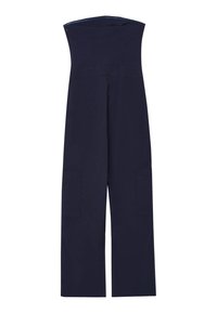 Jumpsuit blu navy con design senza spalline, gambe larghe e due tasche laterali. Realizzato in tessuto leggero con una texture liscia.