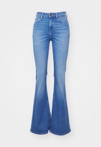 Flared blue denim jeans with a high waist, featuring five pockets and a button closure. Smooth texture with slight fade detail.