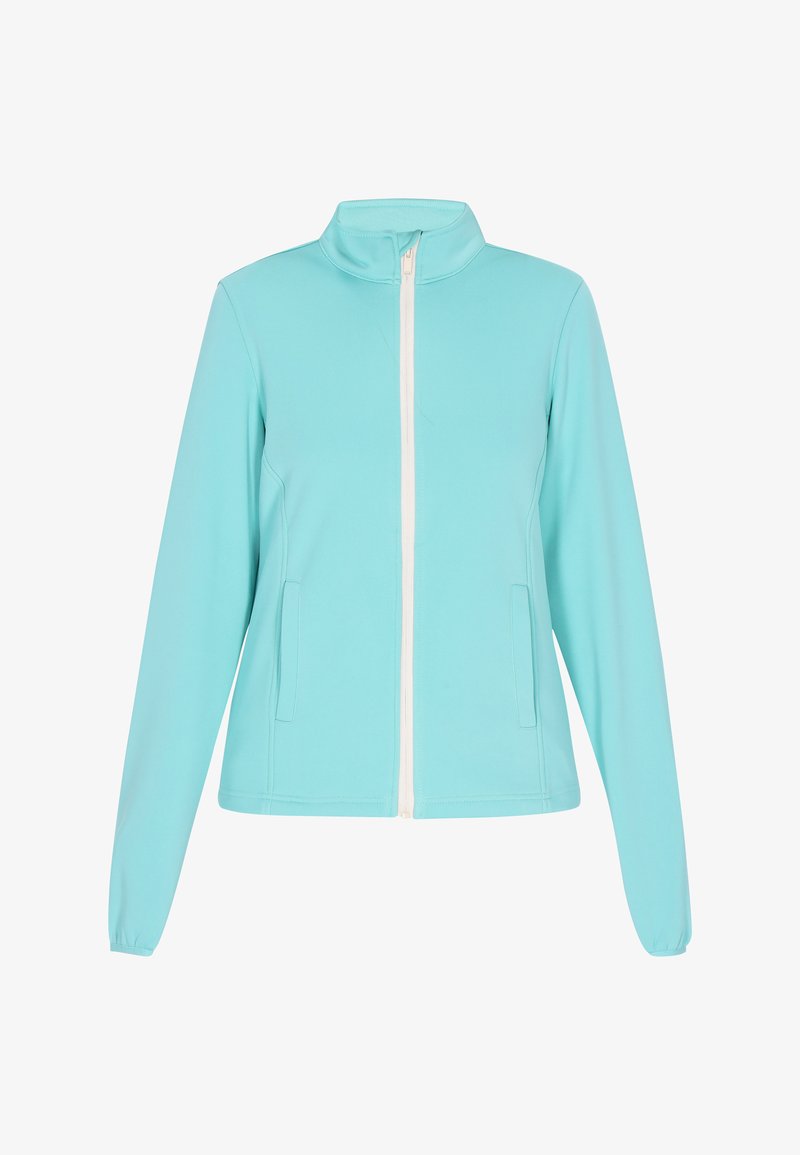 Turquoise ritjack in zachte stof, met een hoge kraag, lange mouwen en twee zijzakken; ritssluiting met witte details.