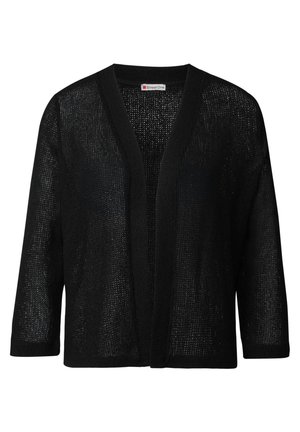 Cardigan noir ouvert à l'avant avec un design en tricot texturé. Il possède un col en V et des manches 3/4. Tissu léger et respirant.