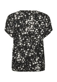 Black short-sleeve top featuring a white abstract floral pattern, relaxed fit with gathered detailing at the hem. Soft, lightweight fabric.