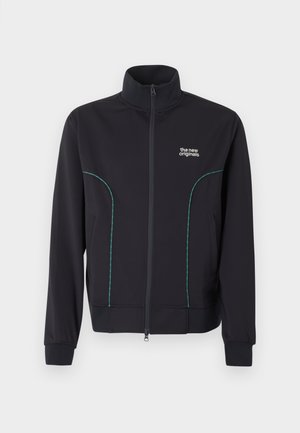 Fekete cipzáras kabát magas gallérral, türkiz ívelt varrással, elülső zsebekkel és "the new originals" felirattal a bal mellrészen.