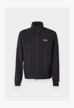 Fekete cipzáras kabát magas gallérral, türkiz ívelt varrással, elülső zsebekkel és "the new originals" felirattal a bal mellrészen.