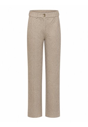 Beige hoge taille rechte broek met dubbele knoopsluiting en riemlussen, getoond tegen een witte achtergrond.
