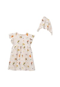 Robe à manches courtes rayée avec des motifs colorés sur le thème de la plage, fabriquée en tissu doux. Comprend un bandeau assorti.
