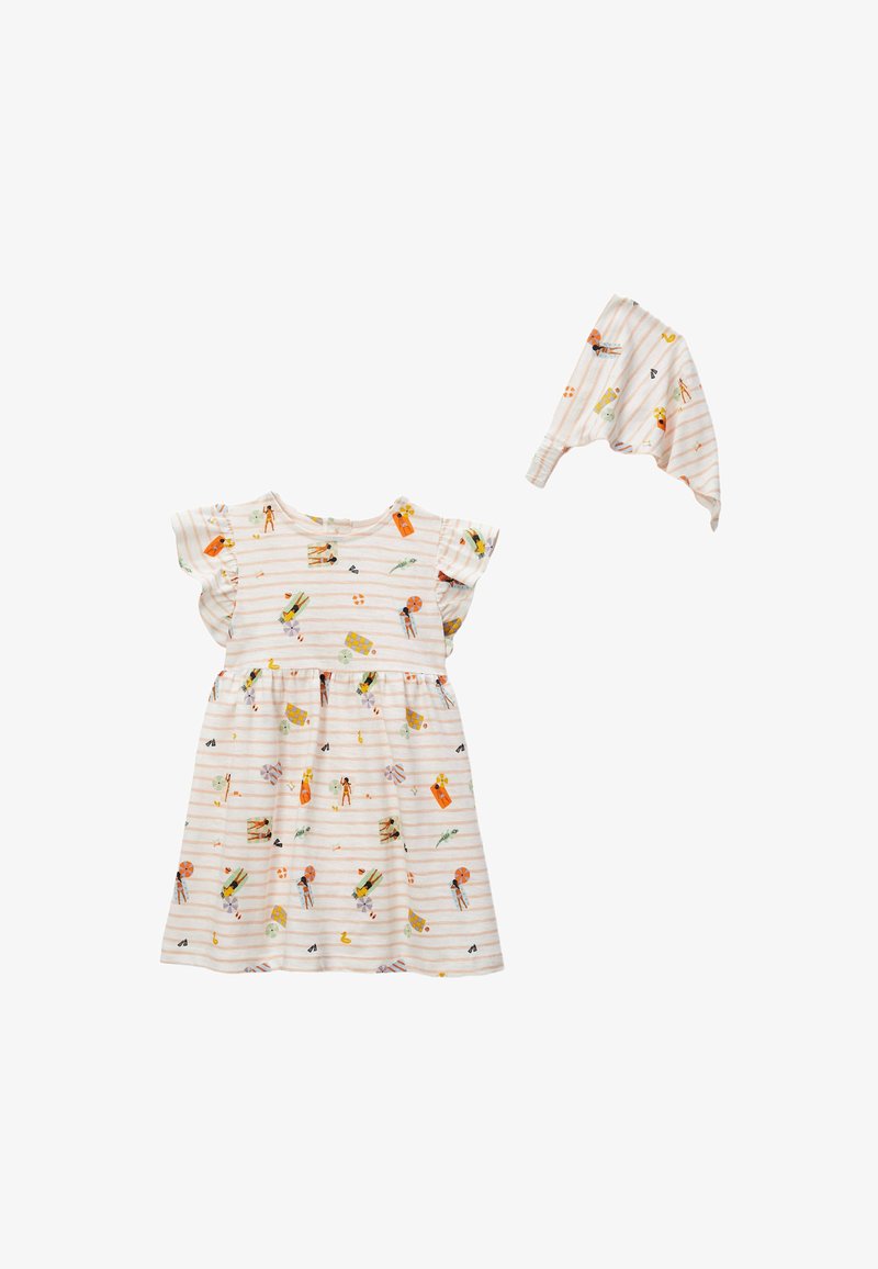 Robe à manches courtes rayée avec des motifs colorés sur le thème de la plage, fabriquée en tissu doux. Comprend un bandeau assorti.