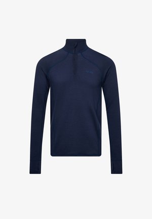 Pullover de manga larga azul marino con medio cierre de cremallera y cuello, que presenta costuras raglán y puños con abertura para el pulgar. Textura sutil con logo bordado.
