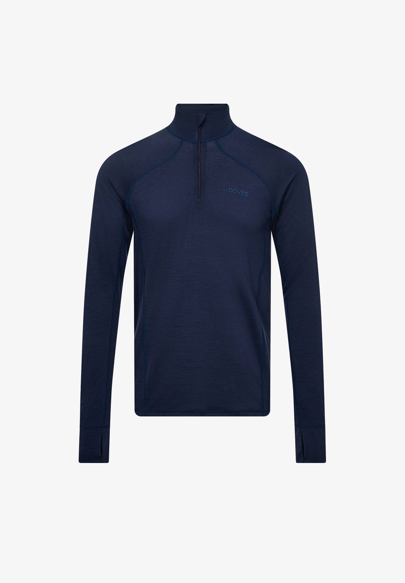 Navy blue long-sleeve pullover with a half-zip collar, featuring raglan seams and thumbhole cuffs. Subtle texture with embroidered logo.