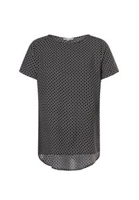 Kurzärmlige Bluse mit schwarz-weißen Mustern, runder Halslinie und etwas längerem Rückensaum, aus leichtem Stoff gefertigt.