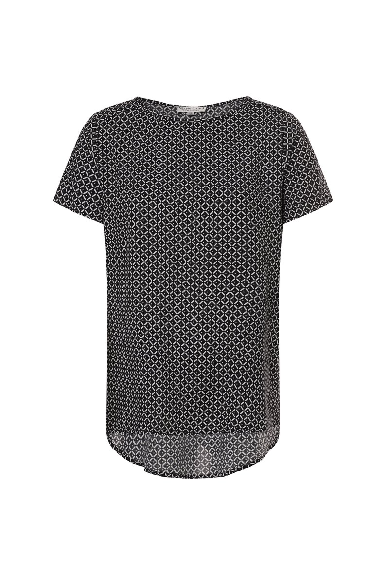 Kurzärmlige Bluse mit schwarz-weißen Mustern, runder Halslinie und etwas längerem Rückensaum, aus leichtem Stoff gefertigt.