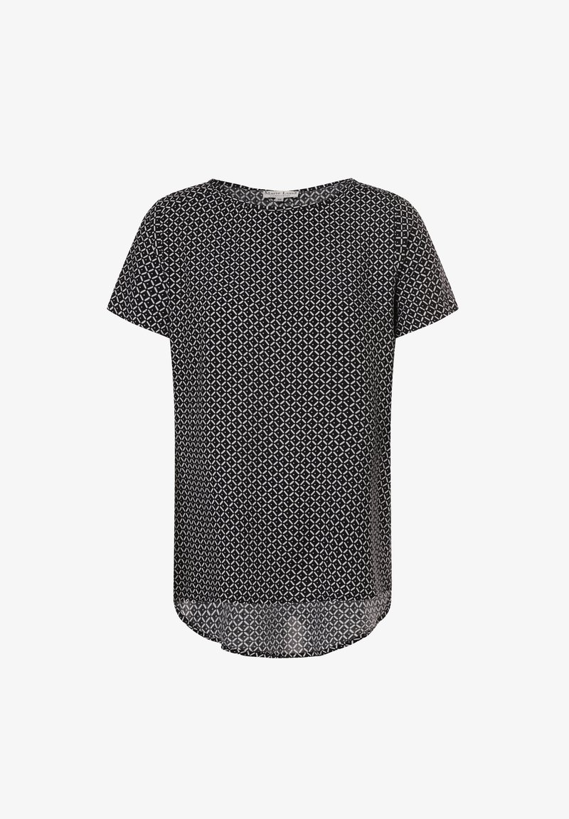 Kurzärmlige Bluse mit schwarz-weißen Mustern, runder Halslinie und etwas längerem Rückensaum, aus leichtem Stoff gefertigt.