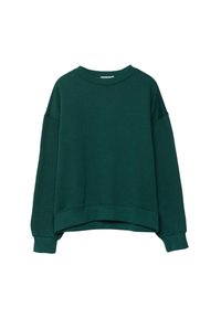 Zelená mikina z měkké látky. Má kulatý výstřih, spadlá ramena, dlouhé rukávy a volný střih s žebrovanými lemy na rukávech a spodním okraji.