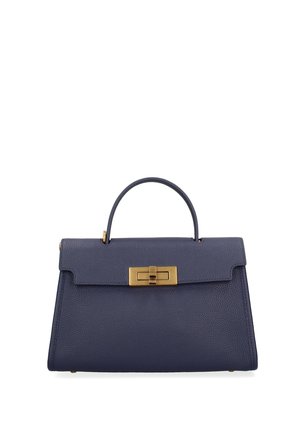 Borsa a mano in pelle blu navy con manico superiore e chiusura rettangolare in oro sulla patta frontale.