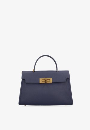 Borsa a mano in pelle blu navy con manico superiore e chiusura rettangolare in oro sulla patta frontale.