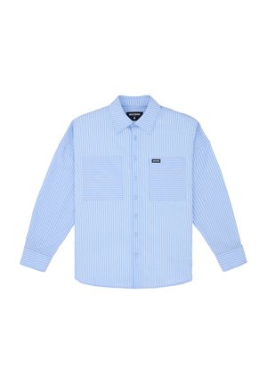 Light blue button-up shirt featuring vertical white stripes, two front pockets, and a classic collar. Made of woven fabric with a soft texture.