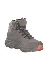 Grauer Wanderschuh mit grauem Mesh- und Wildlederobermaterial, schwarzen Schnürsenkeln und orangefarbenen Akzenten. Dicke graue Sohle mit strukturiertem Profil für besseren Halt.