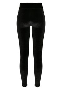 Svarta högmidjade sammetsleggings med hel längd, visade bakifrån mot en vit bakgrund.