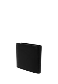 Portefeuille en cuir noir avec une texture lisse, de conception pliable et au style minimaliste, présentant des lignes épurées et sans quincaillerie visible.