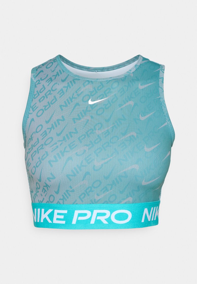 Nike Pro reggiseno sportivo in teal con texture a costine, motivo astratto e una fascia in azzurro chiaro a contrasto con il marchio bianco.
