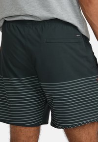 Shorts de bain vert foncé avec un motif rayé gris clair, dotés d'une taille élastique et d'une poche arrière. Le matériau semble lisse.