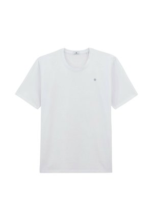 T-shirt bianca semplice a maniche corte con collo a girocollo e un piccolo logo circolare sul petto a sinistra, mostrata su uno sfondo bianco.