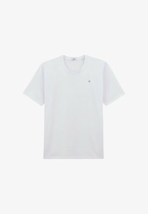 T-shirt blanc uni à manches courtes et col rond, avec un petit logo circulaire sur la poitrine gauche, présenté sur un fond blanc.